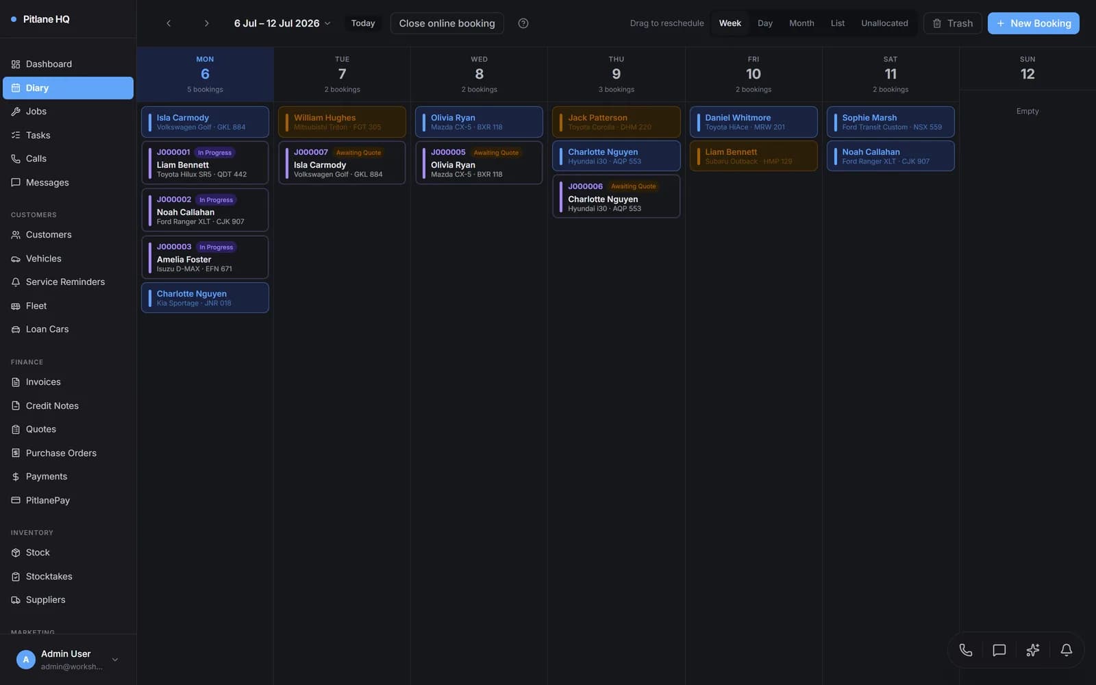 A PitlaneHQ bookings diary showing this week's appointments across bays for a demo workshop