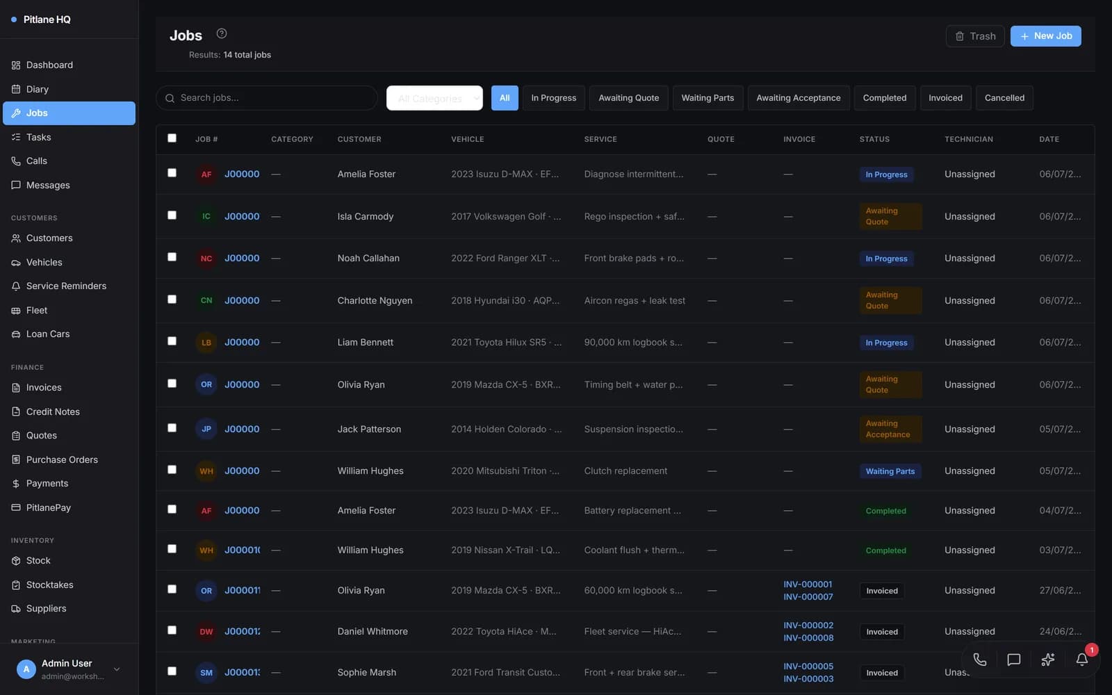 The PitlaneHQ jobs board listing active workshop jobs with statuses for a demo workshop