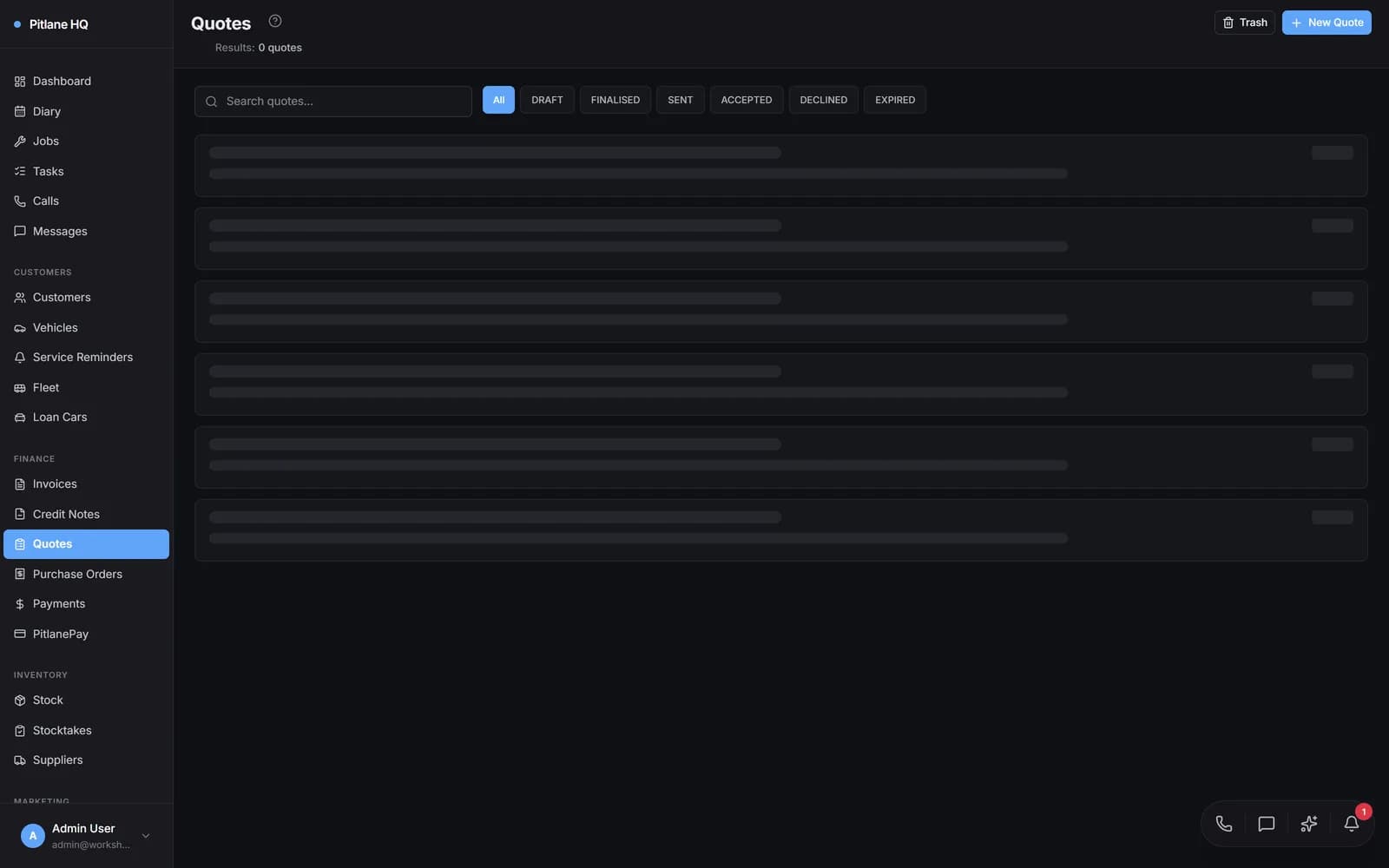 A PitlaneHQ quotes list showing line items and approval status for a demo workshop
